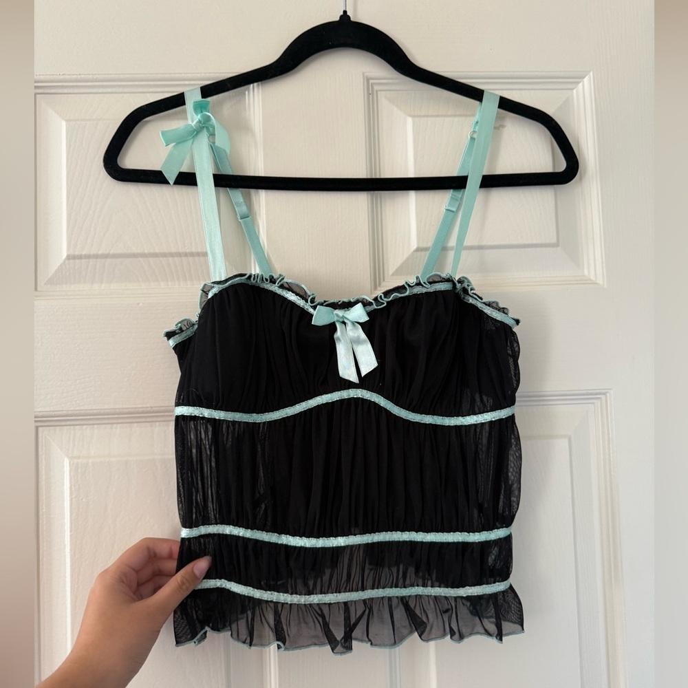 Y2K Bebe Blue and Black Bow Detail Ruffle Trim Corset Bustier Top